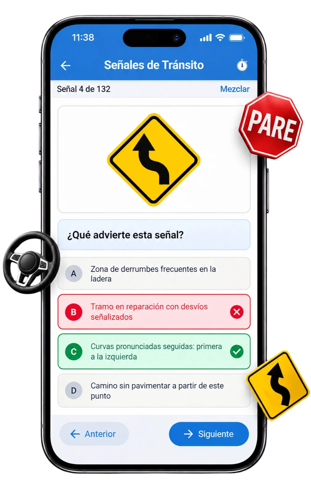 Simulacro de señales de tránsito en la aplicación LicenciaRD